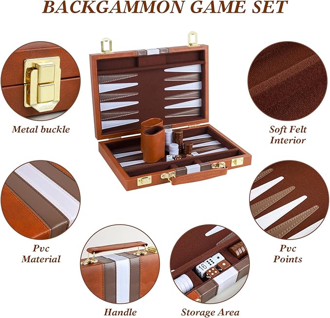 Backgammon Set 2 Players Classic Backgammon Sets for Adults Board Game with PU Leather Case Portable and Travel Backgammon Set (Brown, 11inch)