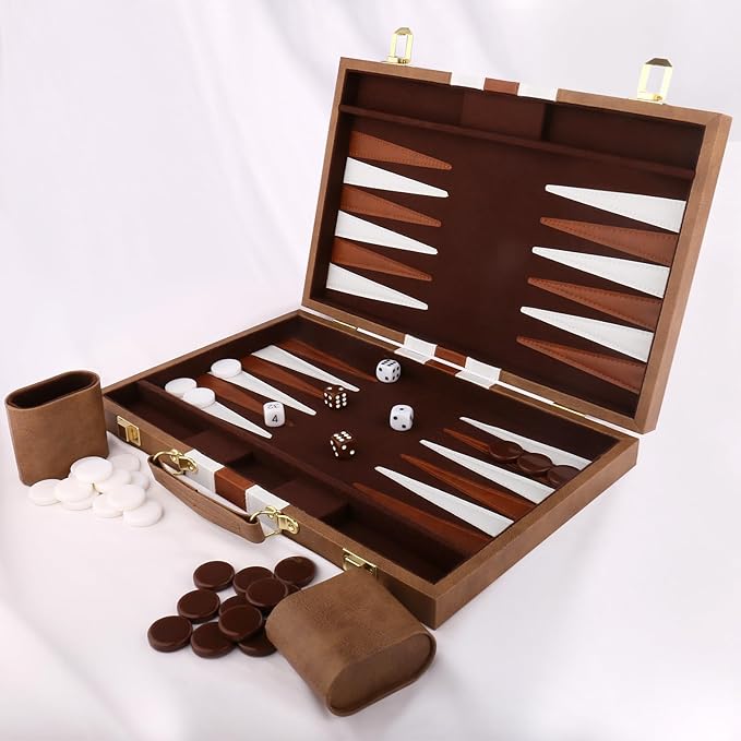 Backgammon Set - Classic Board Game with Premium Leather Case - Portable Travel Strategy Backgammon Game Set for Adults, Kids (11inch, Khaki)
