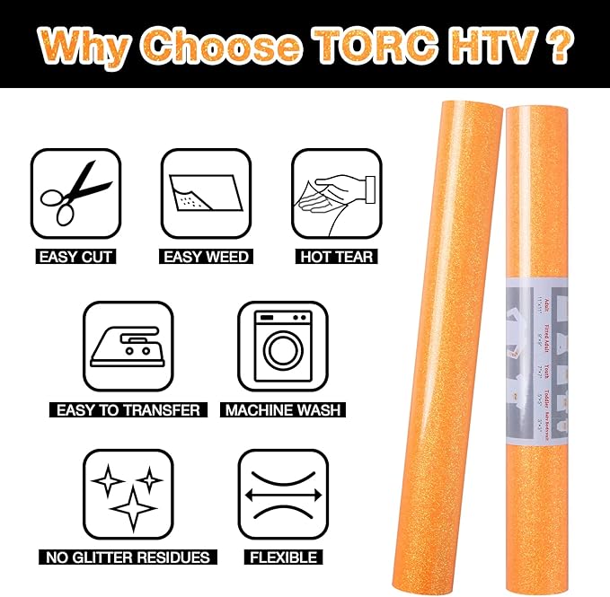 TORC Orange Glitter HTV Heat Transfer Vinyl Roll 12 inch x 10 ft (12 in x 5 ft per Roll) Iron on Vinyl for T Shirts Crafts
