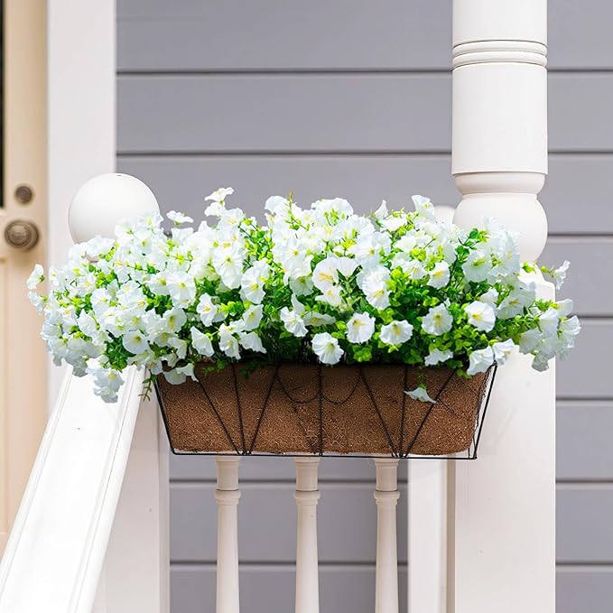 Artificial Fake Flowers For Outdoor Outside Decoration,16 Bundles UV Resistant Faux Plastic White Flowers with Green Eucalyptus Stem Plants Bulk Look Real for Home Porch yard Patio Planters (White)