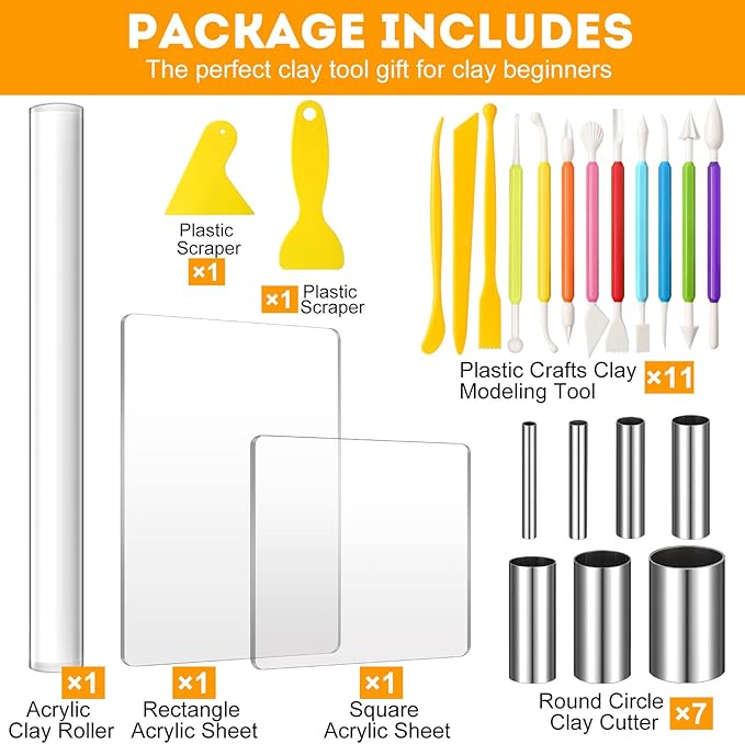 Honoson 24 Pcs Clay Sculpting Tools Kits Polymer Clay Tools DIY Set with Roller, Acrylic Sheet, Scraper Backing Board, Round Circle Shape Cutter, Shaping for Art Craft(Colorful)