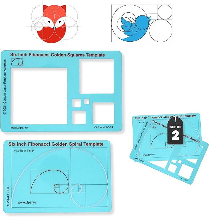 Fibonacci 6" Square & Spiral Set of Templates: A Fibonacci-Inspired Set of Templates for Drawing Tool for Artists Allows The Simple Application of The Golden or Divine Ratio for Artistic Design