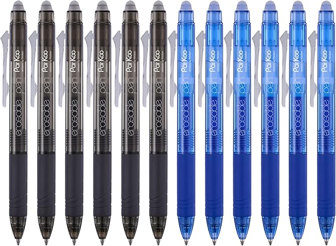 ParKoo Retractable Erasable Gel Pens Clicker Fine Point 0.7 mm, No Need for White Out, 6 Black/6 Blue Ink for Completing Sudoku and Crossword Puzzles