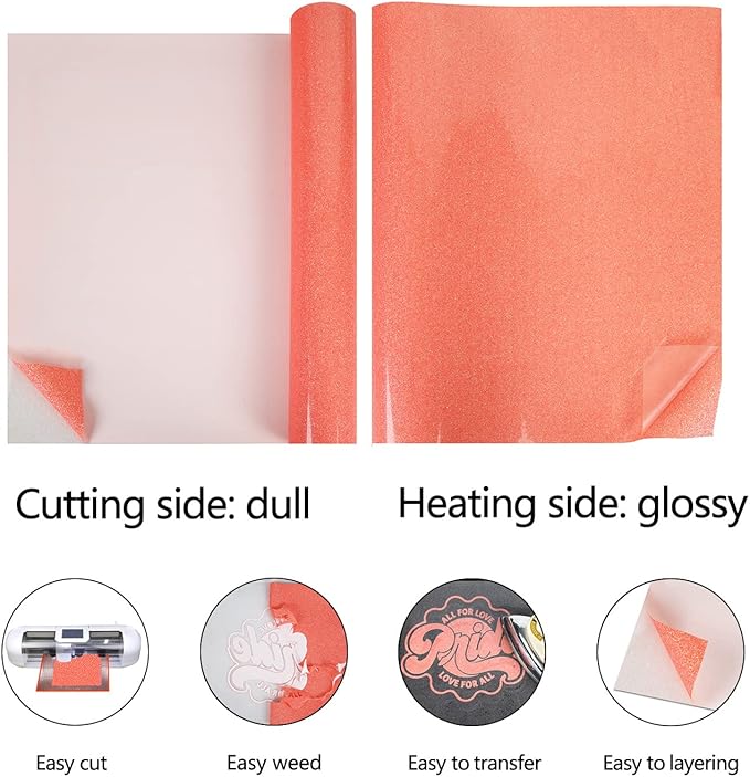 guangyintong Glow Glitter Orange Red Heat Transfer Vinyl HTV Rolls, 12" x 8ft Iron on Vinyl for T-Shirts, Glitter HTV Vinyl for All Cutter Machines Easy to Cut & Weed for DIY Design