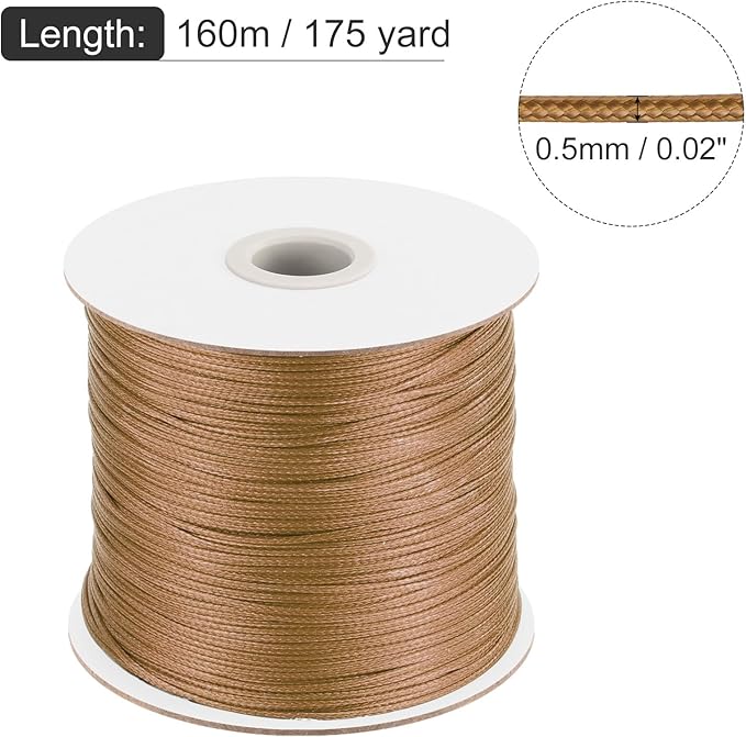 MECCANIXITY Waxed Cord 0.5mm Waxed Polyester Cord 175 Yard Wax String for Bracelet Making, Necklaces, Beading, Jewelry Making and DIY Crafts(Light Brown)
