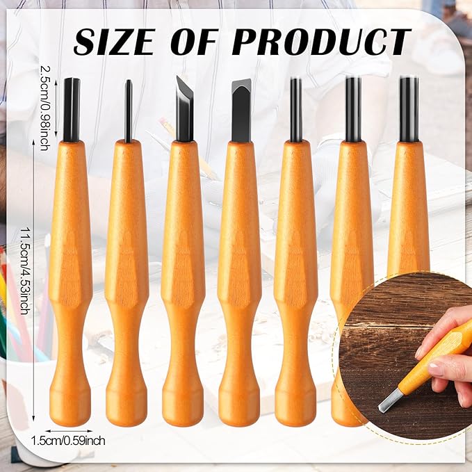 Lasnten 7 Pcs Wood Pumpkin Carving Tools Set Linoleum Hand Wood Knife Chisels Flat V-shaped Half Round Angled Gouge Carving Kit for DIY Linocut Printmaking Woodblock