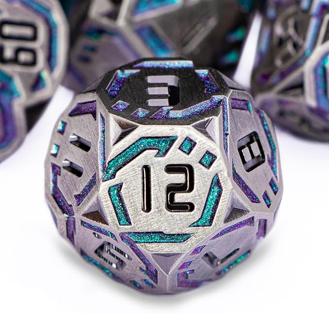 Metal DND Sci-fi Dice Set 7PCS Stripe Polyhedral Dice for Dungeons Dragons RPG Role Playing Game, Glitter D and D Dice with Gift Box D6 D8 D10 D12 D20 (Grey&Purple Green)