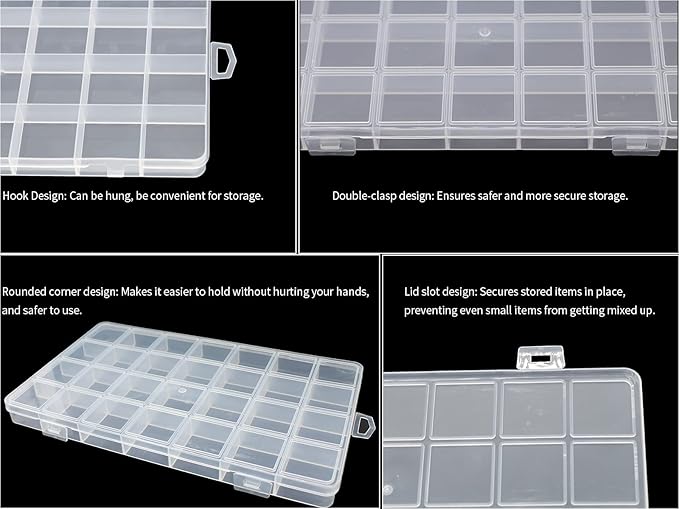 4Packs 28 Grids Bead Organizer Plastic Organizer Box with Fixed Dividers-Jewelry, Accessories, and Small Parts Container Clear Box for Jewerly Beads, Sewing, Drawing