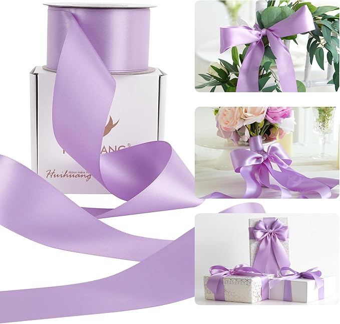 HUIHUANG Lilac Satin Ribbon 2 inch Wide Double Faced Satin Ribbon Lilac Purple Ribbon for Gift Wrapping, Bows Making, Flower Bouquet, DIY Crafts, Bridal Shower, Holiday Party Decor-25 Yards/Roll