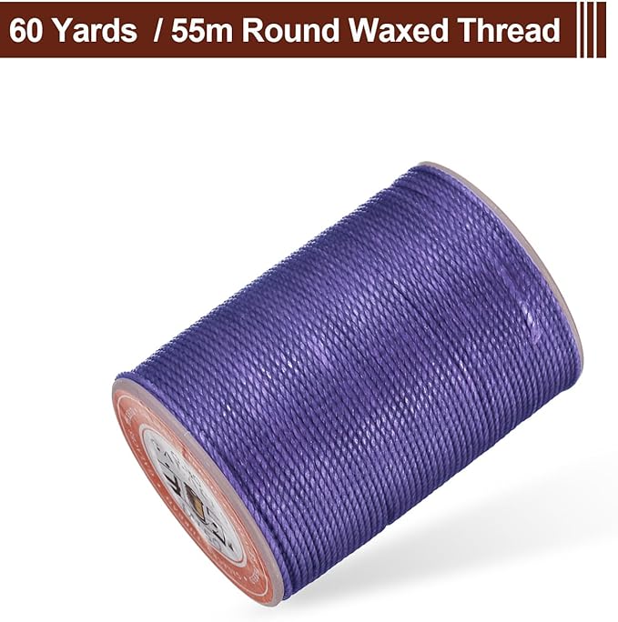 uxcell Round Leather Sewing Waxed Thread, 55m / 60 Yards Wax Polyester String, 0.8mm Waxed Stitching Cord for Leather Crafts, Bookbinding, Bracelets Braided, Purple