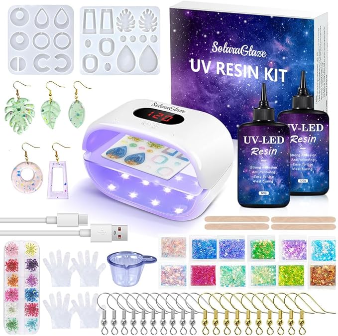 SolaraGlaze UV Resin Kit with Light 240g Hard Type Clear UV Resin Jewelry Making Kit Two-Sided Light and Molds DIY Jewelry Making Supplies for Keychain and Earring