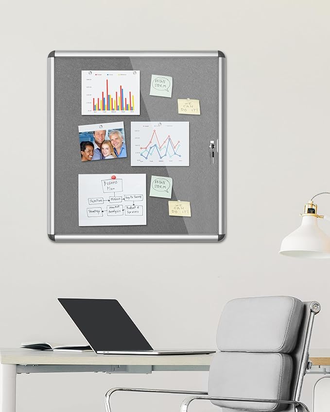 28"x26" Enclosed Bulletin Board, Lockable Weather-Resistant Aluminum Cork Noticeboard for School & Office, Silver Frame w/Grey Flet