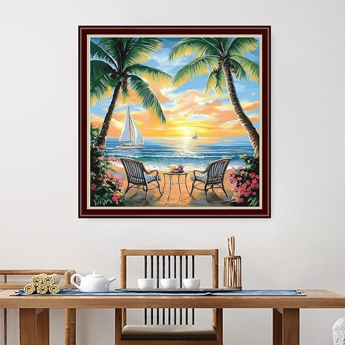 Dimensean Stamped Cross Stitch Kits Full Range of Embroidery Patterns Starter Kits for Beginners Adult or Kids DIY Cross Stitches Needlepoint Kits 11CT-Afternoon Tea by The Sea 18x18 inch