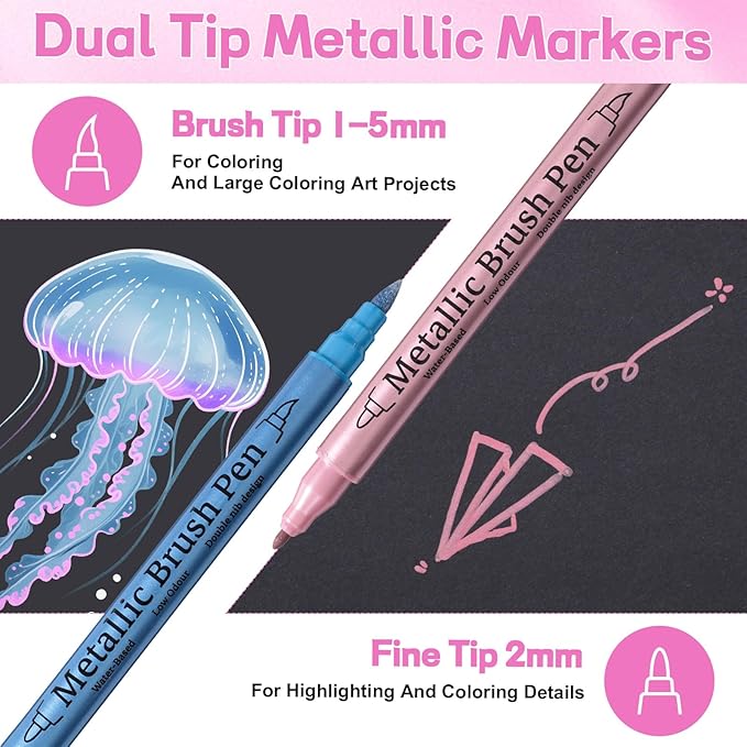 12 Pack Metallic Markers, Dual Tip Glitter Pens for Black Paper & Rock Painting Metallic Acrylic Paint Markers for DIY Crafts, Scrapbooking, Glass, Wood, Cards Alcohol Based Quick Dry Ink