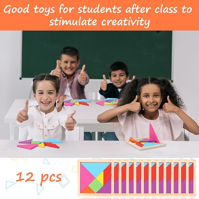 Meooeck 12 Pack Tangrams Wooden Puzzles Tangrams Classroom Set for Kids Shape Puzzles Brain Logic Blocks for Games Educational Gifts for Adults Kids Ages 4-8 8-12(Classic Style)
