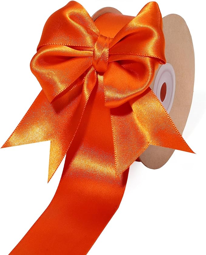 LaRibbons Orange Satin Ribbon 1 1/2 Inch 50 Yards Luxury Double Faced Russet Orange Silk Ribbon for Flower Bouquet Crafts Gift Wrapping Wedding Fall Decoration