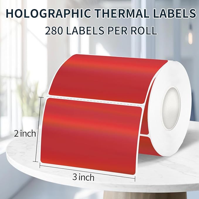 2" x 3" Holographic Thermal Label Stickers Red,Printable Rainbow Glitter Thermal Printer Sticker Labels for Gift Wrapping, Self-Adhesive Name Price Tag DIY Custom Logo Design (280 pcs)