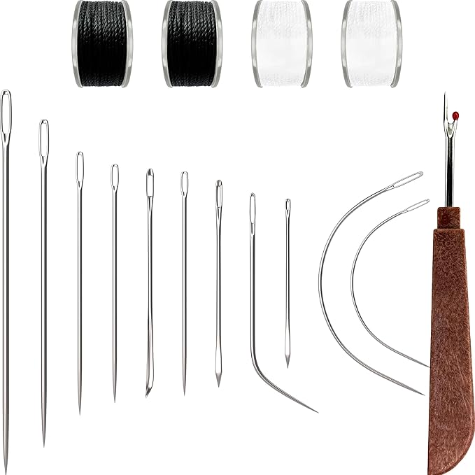 VONEEDL Heavy Duty Sewing Needles (11 PCS) & Waxed Thread (2 Black and 2 White Colors) - Upholstery Repair Kit for Leather, Canvas, Quilting & More