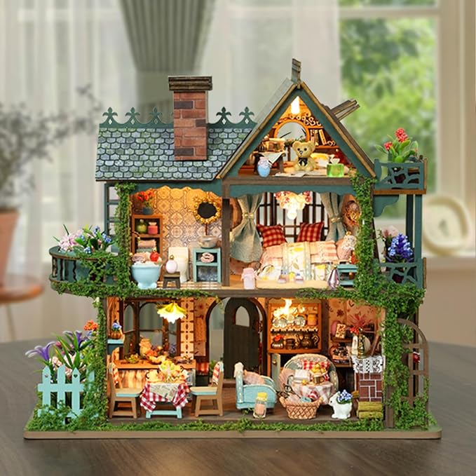 DIY Miniature House Kit - DIY Mini House Building Kit - Wooden Dollhouse Miniature Kit -Tiny Garden House Diorama Building Kits with Light - 3D Puzzle Adult Craft Unique Gift