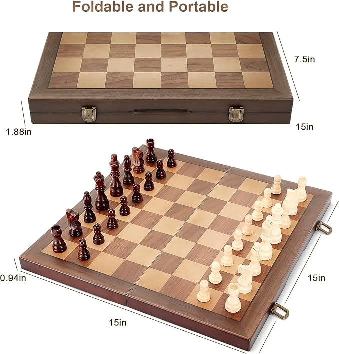 Magnetic Wooden Chess Set for Adults Kids 15'' Chess Board with Handmade Pieces, Folding Portable Travel Unique Chess Sets Game for Tournament Professional Beginner