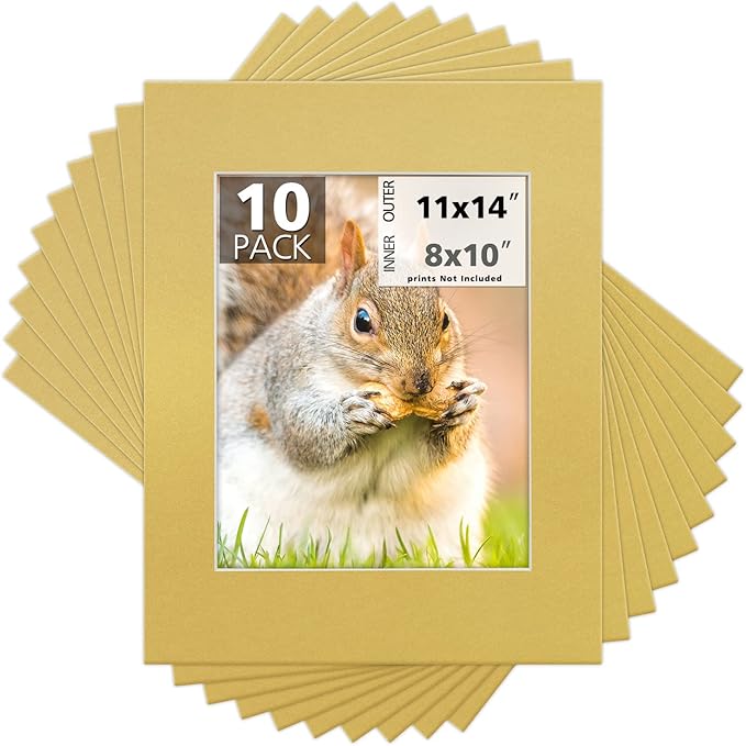 Mat Board Center, Pack of 10, 11x14 for 8x10 Old Gold Color Mats - Bevel Cut, Acid Free, 4-ply Thickness, White Core - for Pictures, Photos, Framing