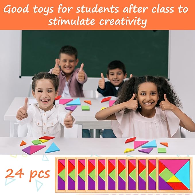 Syhood 24 Pieces Tangrams Puzzles for Students Party Favors Wooden Tangram Pattern Blocks Brain Logic Blocks for Manipulatives Games Educational Gifts and Party Favors(Classic)