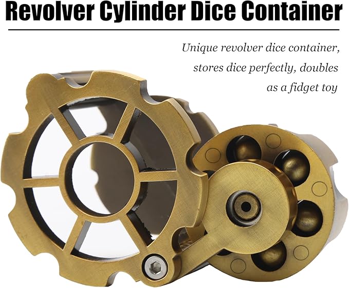 Bullet Dice, Revolver Bullet Metal Dice Set with Spinning Revolver Cylinder Container & Seven Polyhedron Dices for Sci-Fi, War, Crime Theme Tabletop Games