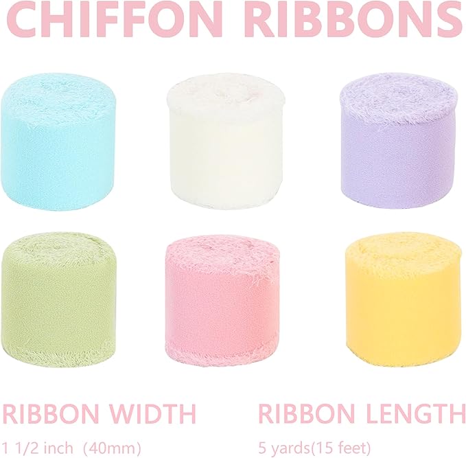 TONIFUL 6 Rolls Macarons Set Chiffon Ribbon 1 1/2 inch× 5 Yards Ribbon Fabric Silk Ribbon for Gift Wrapping Wedding Party Decoration Flower Bouquet Wrapping Bows Making DIY Crafts