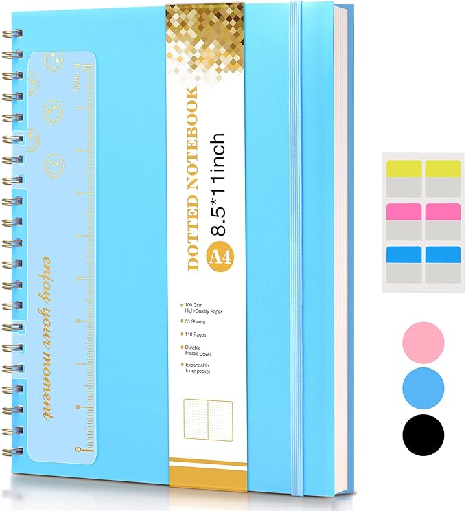 Dotted Notebook, Spiral Notebook Journal 8.5” x 11”, A4 Large Dot Grid Notebooks for Women Men, 100 GSM Dotted Paper, Plastic Hardcover Spiral Bullet Journals for Work School Sketching, Blue