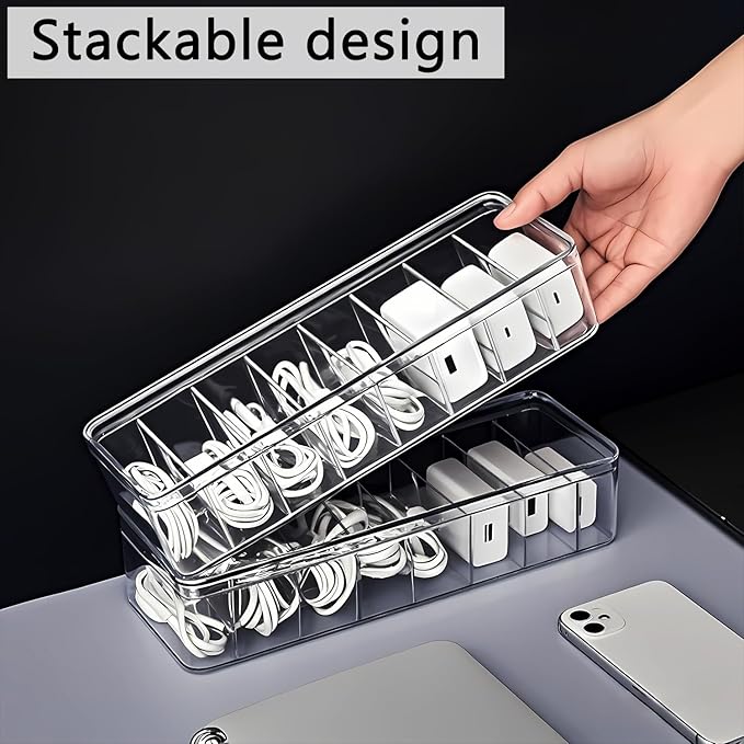 DUOFIRE 2 Pcs Cord Organizer with 16 Cable Ties, Clear Acrylic Cable Organizer Charger Organizer Electronics Organizer with Lid for Home Office Desk Organizers and Accessories