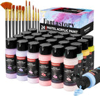 Fantastory Pastel Acrylic Paint Set+12 Brushes, 24 x 2oz Pastel Colors Art Craft Paint for Artists, Halloween Decorations, Canvas Ceramic Wood Rock Painting Supplies Kit [Professional Series]