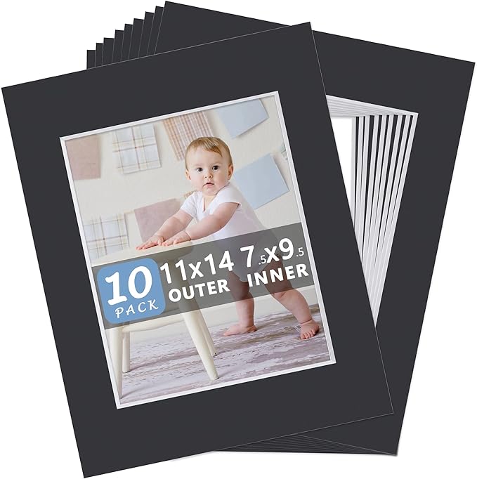 10 Pack Pre-Cut 11 x 14 Black Picture Mats for 8x10 Photos - White Core Bevel Cut Frame Matte, Acid Free, Ideal for Frames/Artwork/Prints
