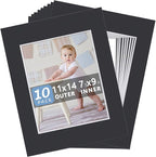 10 Pack Pre-Cut 11 x 14 Black Picture Mats for 8x10 Photos - White Core Bevel Cut Frame Matte, Acid Free, Ideal for Frames/Artwork/Prints