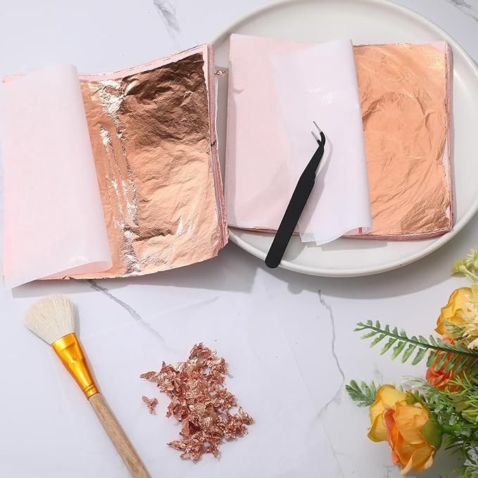 Cunhill 200 Pcs Gold Leaf Sheets for Art Foil Paper Leaf Art Foil Sheets Gilding Brush Thin Paper Craft for Painting Gilding Crafting Decoration,5.5 x 5.5 Inches (Rose Gold)