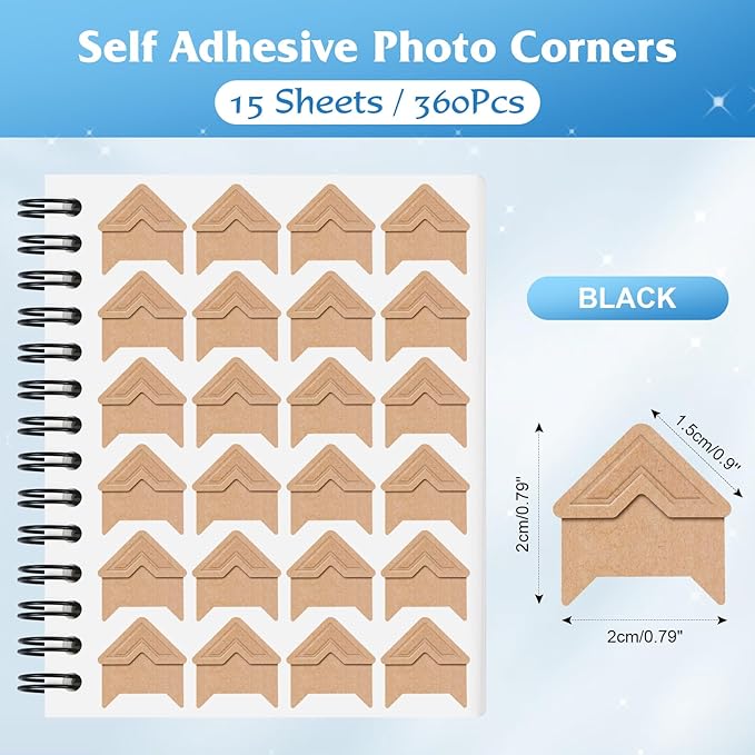 GOONAVI 15 Sheets 360 PCS Cowhide Photo Corners Notebook, Self-Adhesive Corners for DIY Album Journal, Corner Stickers for Trip Memory Book