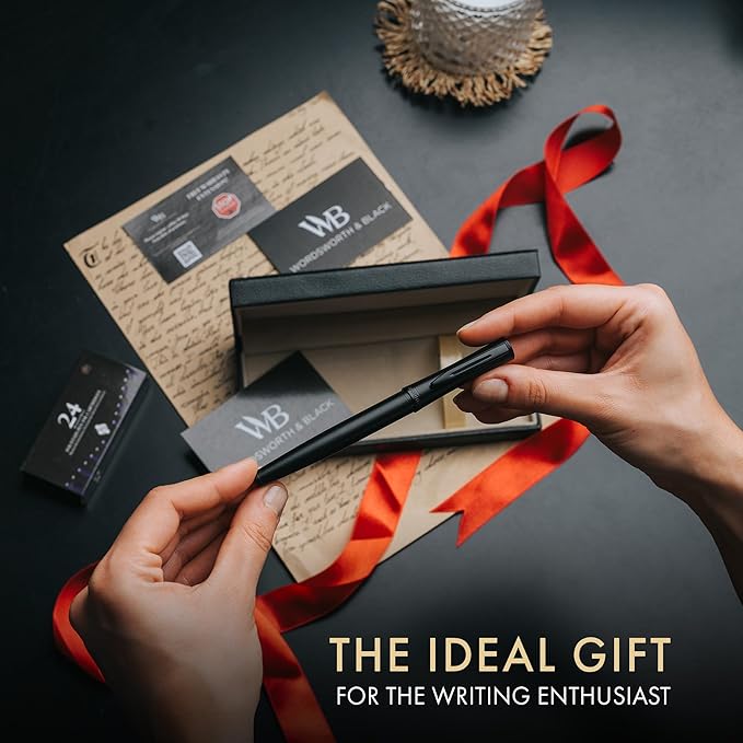 Wordsworth & Black Fountain Pen Set, Extra Fine Nib, Includes 24 Pack Ink Cartridges, Ink Refill Converter & Gift Box, Calligraphy, [All Black], Perfect for Men & Women