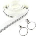 Leekayer #5 Silver Metallic Nylon Coil Zippers by The Yard Bulk 10 Yards White Zipper Tape with 25pcs Silver Ring Pull Sliders for DIY Sewing Tailor Craft Bag(White)