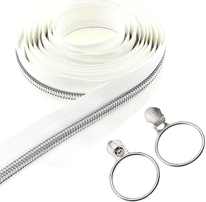 Leekayer #5 Silver Metallic Nylon Coil Zippers by The Yard Bulk 10 Yards White Zipper Tape with 25pcs Silver Ring Pull Sliders for DIY Sewing Tailor Craft Bag(White)
