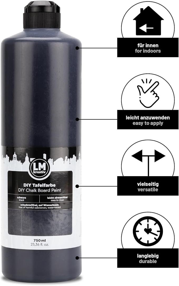 Chalkboard Paint 25.36 fl oz - Black – Chalkboard Paint for Wall, Wood, Metal, and Glass. Black Chalk Paint, Erasable, and Easy to Apply