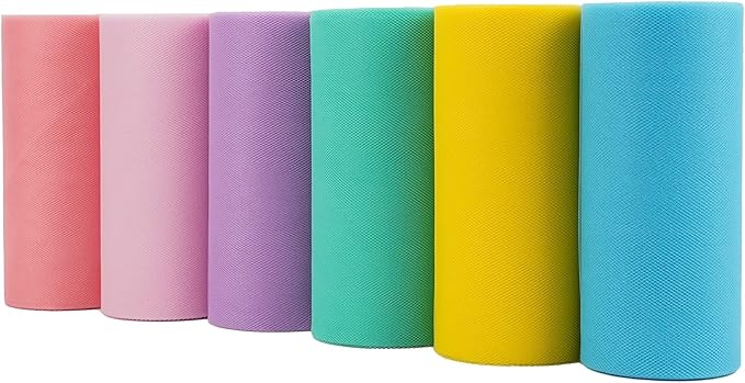 MEEDEE Pastel Tulle Ribbon 6 Rolls Tulle Fabric Spool Ribbon, 6 inch by 25 Yards/Spool, Perfect for Tutus DIY Wedding Table Skirt Rainbow Party Decorations Gift Wrapping