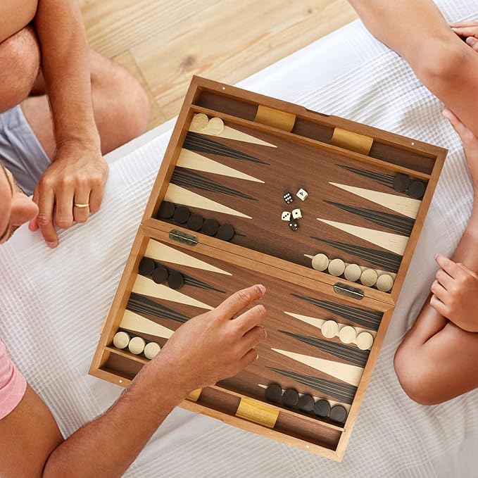 GSE Games & Sports Expert Premium Wooden Folding Inlay Backgammon Board Game Set, Classic Traditional Strategy Board Games (Focus- 21 Inches)