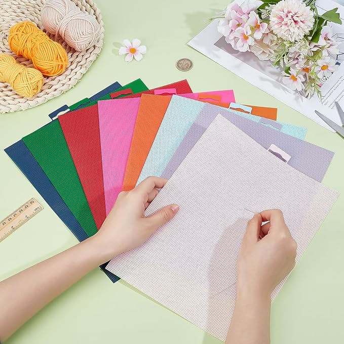 BENECREAT 8 Pcs 14 Count Plastic Canvas Sheets, 8 Colors Plastic Mesh Sheets, Eye Mesh for Embroidery Crafting, Cross Stitching, Knit Crochet Yarn Crafting, Rectangle, 8.3x11 Inch