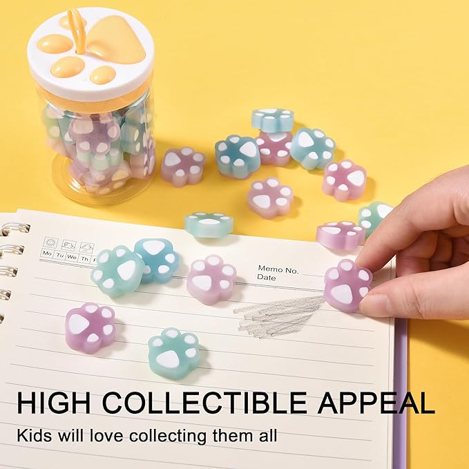 HILAZA 54Pcs Cat Paw Erasers for Kids, Fluorescent erasers, Kawaii Jelly Pencil Erasers Bulk for Office Supplies Classroom Rewards Party Favors