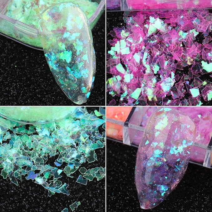 12 Colors Holographic Glitter Nail Art Sequins Aurora Iridescent Nail Flakes Glitter Chameleon Flakes Irregular Ice Slag Glass Paper Ultra Thin Mermaid Nail Glitter for Nail Art Make-up DIY Decoration
