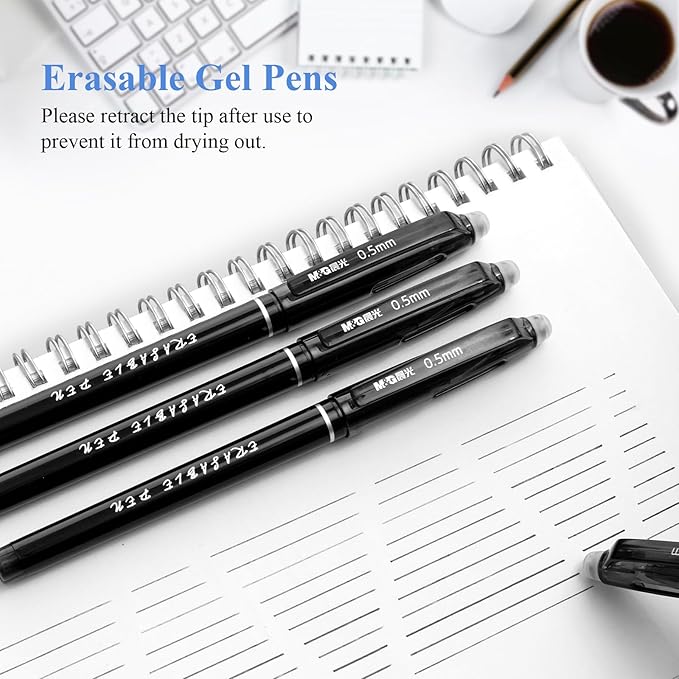 M&G Erasable Gel Pens, 12 Pcs Erasable Pen Fine Point 0.5mm, Black Erasable Gel Ink Pen with Comfort Grip and Cap, Make Mistakes Disappear for Drawing Writing Planner and Crossword Puzzles