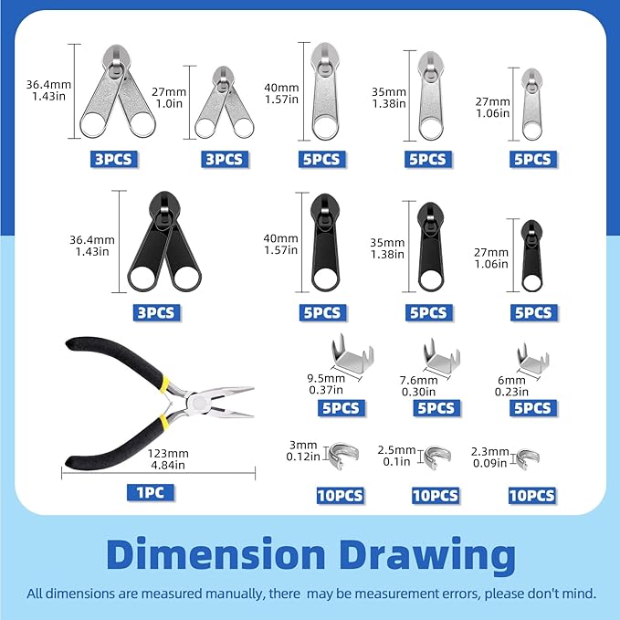 Glarks 85pcs #3#5#8 Zipper Repair Kits Includes 39pcs Metal Zipper 30pcs U Shape Top Stops 15pcs Bottom Stoppers with 1pcs Sharp-Nosed Pliers, Zipper Sliders Zipper Pull Replacement Zip Fixer Part