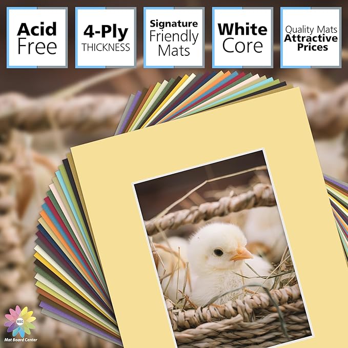Mat Board Center, Pack of 25, 8x10 for 5x7 Mixed Color Mats - Acid Free, 4-ply Thickness, White Core - for Pictures, Photos, Framing