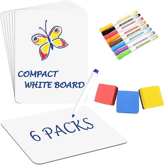 6 Pack Dry Erase Boards Classroom Pack Mini White Boards 9" x12”,Double Sided Personal Whiteboards for Students Teachers School Supplies Lapboards