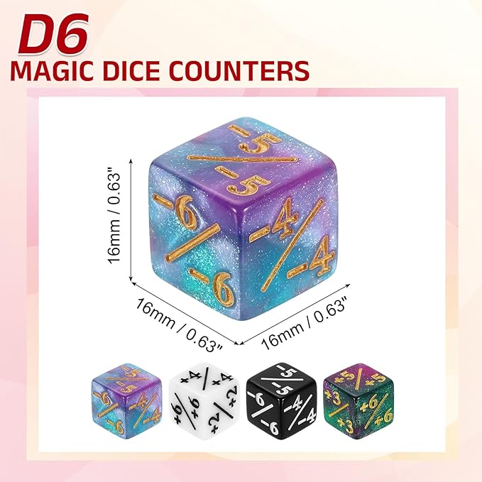 uxcell 48Pcs Magic Dice Counters, Acrylic D6 Life Token Dice Set with Pouch for Standard Cards Gaming Accessories, White, Black, Green & Purple, Blue & Purple