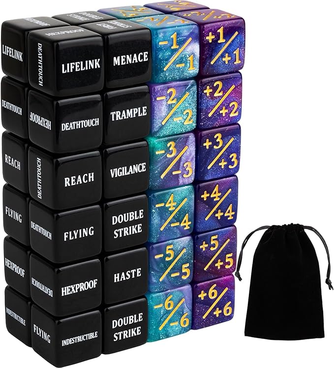 48 Pieces Keywords MTG Dice Counters Plus 1 Life Counter Dice Abilities Creature Stats Buff Tokens Dice Set for Magic The Gathering, MTG, TCG, Card Games Accessories